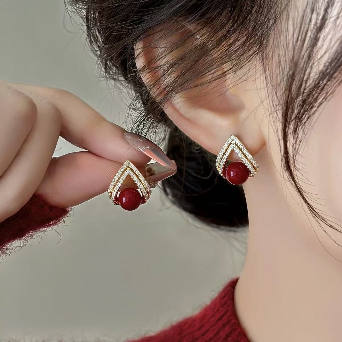 Pearl Earring Stud - 925 Silver Needle Korean Fashion Wine
