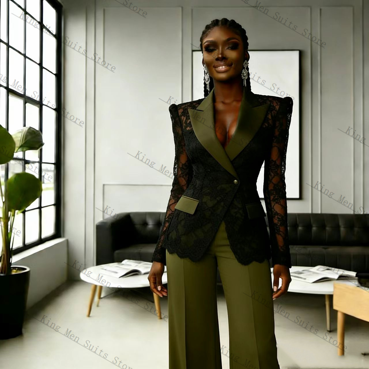 Women'S Formal Wear For Wedding Guest - Green Black Lace Women Suit Set
