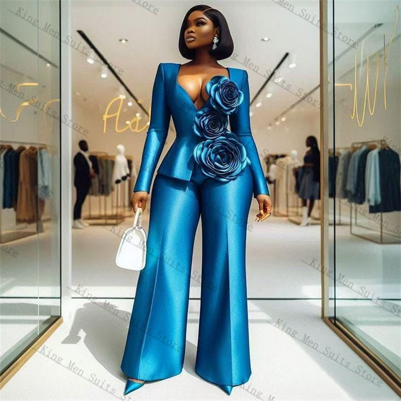 Women'S Formal Wear For Wedding Guest - Blue Satin Women Suit Set 2