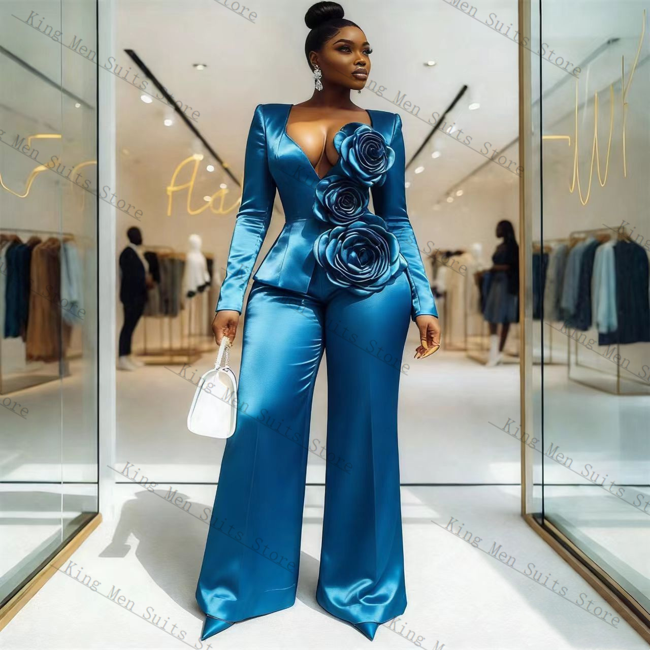 Blue Satin Women Suit Set 2 Pc - Women'S Formal Wear For Wedding Guest review and price