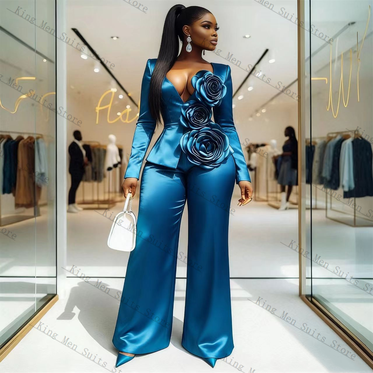 Blue Satin Women Suit Set 2 Pc - Women'S Formal Wear For Wedding Guest review and price